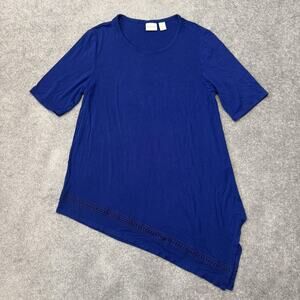Chicos Tunic Top Womens 1 (US Size 8) Blue Asymmetrical Hem Crochet Stretch